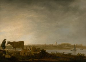 Vy över Vianen med en boskapsskötare och boskap vid en flod av Aelbert Cuyp