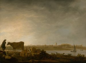 En utsikt över Vianen med en herde och boskap vid en flod, ca. 164345. av Aelbert Cuyp