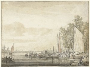 Båtar vid en brygga i en flod av Aelbert Cuyp