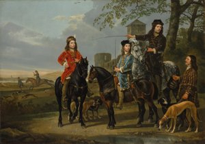 Ridsporträtt av Cornelis och Michiel Pompe van Meerdervoort med deras lärare och kusk, Starting for the Hunt, ca 1652-53 av Aelbert Cuyp