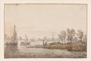 Flodlandskap med segelbåtar av Aelbert Cuyp