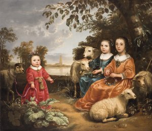 Tre flickor med får i ett landskap av Aelbert Cuyp