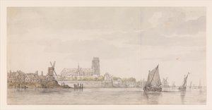 Utsikt över Groote Kerk i Dordrecht från floden Maas av Aelbert Cuyp