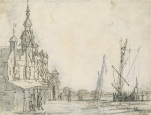 Utsikt över Groothoofdspoort från nordost, Dordrecht, 1618 (krita på papper) av Aelbert Cuyp