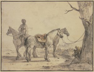 Två sadlade hästar bundna vid ett träd, med en ryttare av Aelbert Cuyp