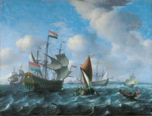 En man"o"war, möjligen Het Wapen van Utrecht, ett brett skepp och en akterslup i styv bris, 1671 av Aernout Smit