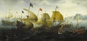 Slaget vid Cadiz Holländska och engelska fartyg attackerar den spanska armadan, 1608 av Aert Anthonisz