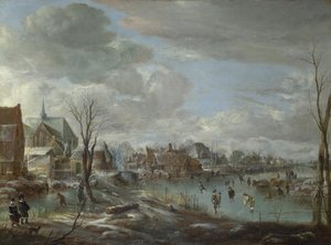 En frusen flod nära en by, med golfare och skridskoåkare, ca. 1647-1648 av Aert van der Neer