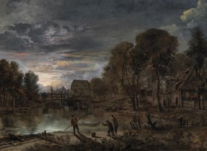 Ett nattlandskap med fiskare. av Aert van der Neer