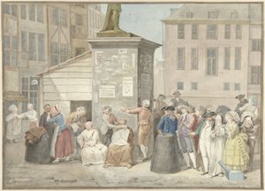 Torg med munkar och nunnor under revolutionen i Belgien, 20 oktober 1787 av Aert Schouman (signed by artist)