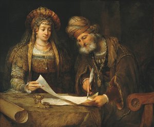 Ester och Mordokai skriver Purims första brev, ca 1675 (olja på duk)