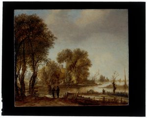 Ett flodlandskap med män som samtalar på ett spår av Aert van der Neer