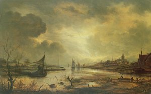 Dutch Town on a River by Moonlight (olja på panel) av Aert van der Neer