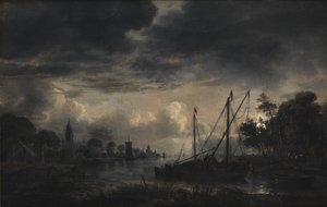 Flodlandskap i månsken