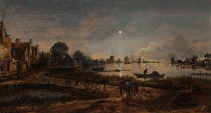 River View by Moonlight Landskap av månsken av Aert van der Neer