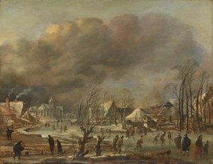 Snöfall på en by bredvid en frusen kanal, 1630-77 av Aert van der Neer