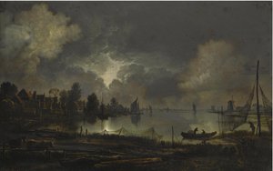 Utsikt över en stad vid en sjö i månsken, med nät som hänger på tork av Aert van der Neer