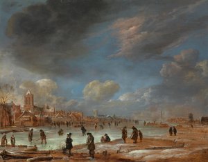Vinterlandskap nära en stad med Kolf-spelare av Aert van der Neer