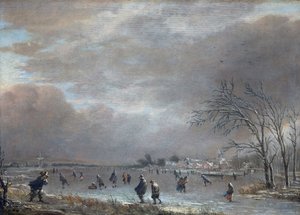Vinterlandskap med skridskoåkare på en frusen flod (olja på panel) av Aert van der Neer