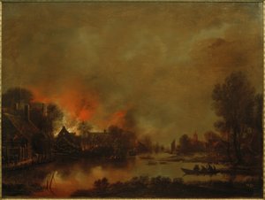 Nattligt kanallandskap med en brand i en by av Aert van der Neer der Ältere