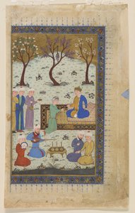 En prins tronade omgiven av skötare, 1425-30