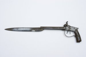 Dubbelpipig slagpistol, c.1840 (stål, mässing och horn)