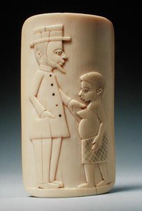 Plakett med figurer av en europeisk man och en afrikansk kvinna, Kongo (elfenben) av African