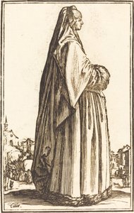 Adlig kvinna som bär en slöja och en klänning trimmad i päls av After Jacques Callot
