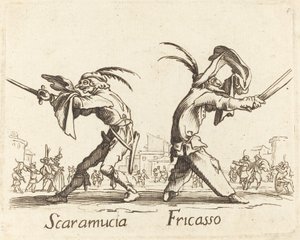 Scaramucia och Fricasso av After Jacques Callot