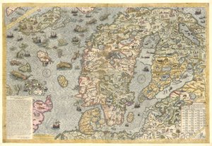 En trogen reproduktion av Carta marina (en väggkarta över Skandinavien av Olaus Magnus publicerad 1539) av After Olaus Magnus