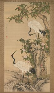 Tranor, persikaträd och kinesiska rosor, tidigt 1700-tal. av After Shen Quan
