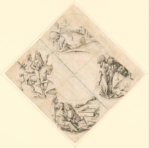Design för en Quatrefoil med ett slott, två älskare, en jungfru frestad av en dåre, ett par som sitter vid ett tråg och en riddare och hans älskare monterade på en häst av After The Master of the Housebook
