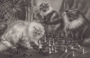 Grupp katter som leker med schackpjäser av Agnes Augusta Talboys
