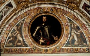 Porträtt av Cosimo I de Medici, storhertig av Toscana och far till Francesco I (målning på skiffer av Agnolo (after) Bronzino