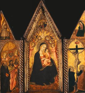 En bärbar triptyk med madonnan och barnet på tronen av änglar,