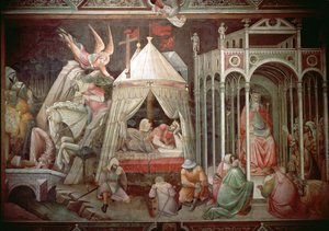 Cosroe använder korsets kraft för att åkalla tillbedjan från sitt folk och Heraclius Dream och hans seger över Cosroe, ca 1380 av Agnolo Gaddi