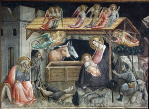 Creche (spjälsäng) Målning av Agnolo Gaddi (1350-1396) Duomo, Chapel of the Sacro Cingolo Prato