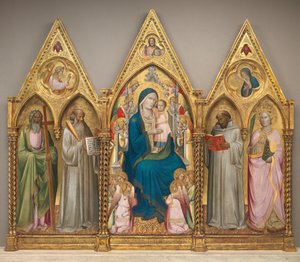Madonna och barn med de heliga Andreas, Benedictus, Bernard och Katarina av Alexandria med änglar [hela triptyken]