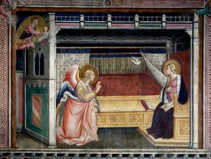 The Annunciation Fresco av Agnolo Gaddi (1350-1396) Prato från 1300-talet, Cathedrale, Cappella del Sacro Cingolo