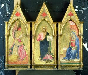 Ärkeängeln Gabriel; Kristus Frälsaren; Jungfrun förkunnar på guldslipade paneler, av Agnolo Gaddi