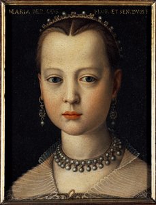 Porträtt av Maria av Medici (1540-1557) dotter till Cosimo I av Toscana (Cosimo I de Medici) (1519-1574) (Porträtt av Maria de Medici dotter till Cosimo I de Medici, storhertig av Toscana) Målning av Bronzino (Agnolo) av Cosimo) (1503-1572) 1551 Dim 15x12  av Agnolo Bronzino