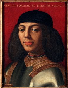 Porträtt av Peter II av Medici (1472-1503) (Piero di Lorenzo de Medici eller Piero den olyckliga) italiensk politiker och militär, son till Laurent den magnifika målningen av Agnolo Allori kallad Bronzino (1503-1572), olja på koppar Dim 15x12 cm Palazzo M av Agnolo Bronzino