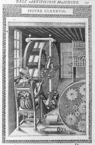 Automatiskt bibliotek. Baserad på ett projekt av Agostino Ramelli i "" Diverse and Artificiose Machin"" och Milan 1600. av Agostino (after) Ramelli