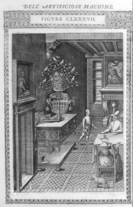 Fontän med falska fåglar som sjunger. Detta är ett projekt av Agostino Ramelli, enligt "" Diverse and Artificiosis Machine"". Milano 1600. av Agostino (after) Ramelli