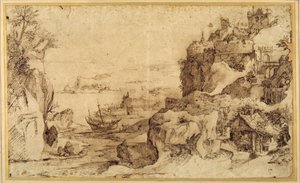 Vy nedåt av en befäst hamn (penna och brunt bläck på papper) av Agostino (attr. to) Carracci