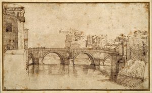 Isola Tiberina, Rom (penna & brunt bläck på papper) av Agostino (attr. to) Carracci
