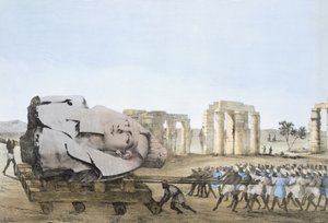 Läge där Young Memnons huvud togs bort, från plattor som illustrerar forskningen i Egypten och Nubia, Giovannie Battista Belzoni, Pub. 1822 (färglitografi)