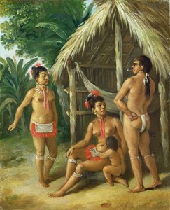 En Carib-familj på Leewardöarna utanför en koja, ca 1780
