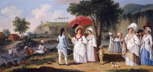 Mulatkvinnor på stranden av floden Roseau, Dominica,