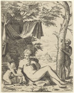 Venus, kärlek på sater av Agostino Carracci (attributed to)
